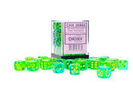 SUPPLIES - DICE - CHX 26866- GEMINI 36D6 PEARL TRANSLUCENT GREEN-YELLOW/YELLOW 12MM - Destination Retro
