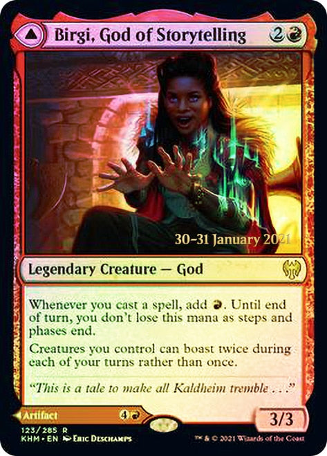 Birgi, God of Storytelling // Harnfel, Horn of Bounty  [Kaldheim Prerelease Promos] - Destination Retro