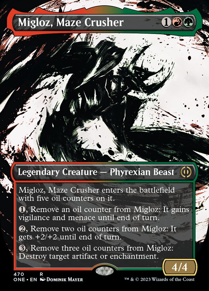 Migloz, Maze Crusher (Borderless Ichor Step-and-Compleat Foil) [Phyrexia: All Will Be One] - Destination Retro