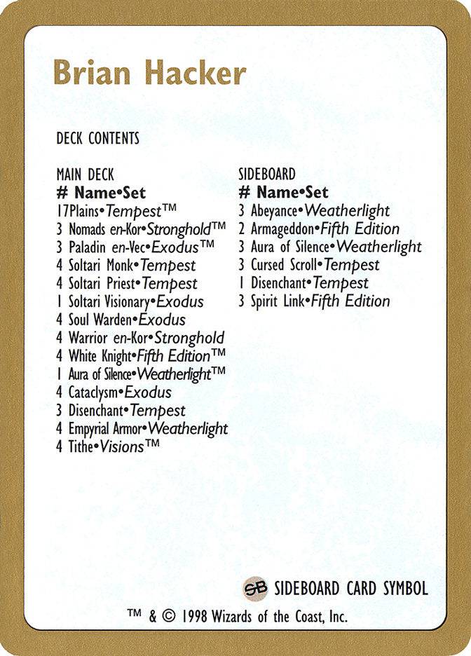 Brian Hacker Decklist [World Championship Decks 1998] - Destination Retro