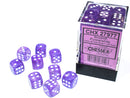 SUPPLIES - DICE - CHX 27977- BOREALIS 36D6 PURPLE/WHITE 12MM - Destination Retro