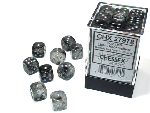 SUPPLIES - DICE - CHX 27978- BOREALIS 36D6 LIGHT SMOKE/SILVER LUMINARY 12MM - Destination Retro