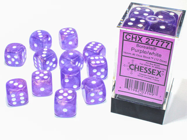SUPPLIES - DICE - CHX 27777- Borealis 12D6 Purple/white 16MM - Destination Retro