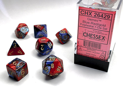 SUPPLIES - DICE - GEMINI 7-DIE SET BLUE-RED/GOLD - Destination Retro