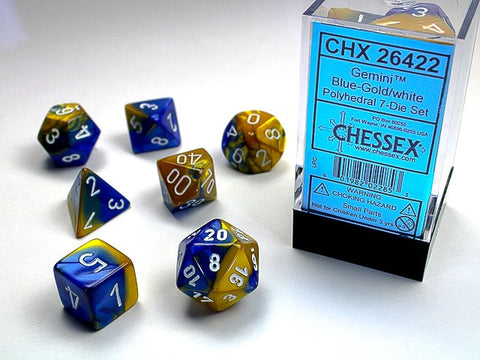 SUPPLIES - DICE - GEMINI 7-DIE SET BLUE-GOLD/WHITE - Destination Retro