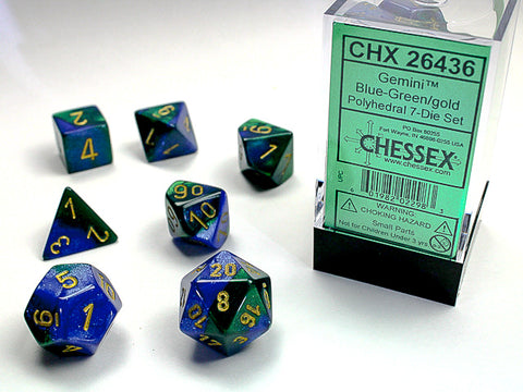 SUPPLIES - DICE - GEMINI 7-DIE SET BLUE-GREEN/GOLD - Destination Retro