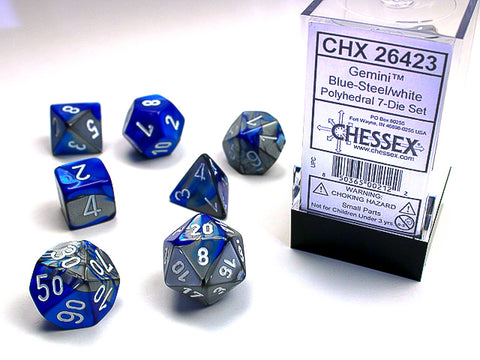 SUPPLIES - DICE - GEMINI 7-DIE SET BLUE-STEEL/WHITE - Destination Retro