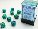 SUPPLIES - DICE - GEMINI 36D6 BLUE-TEAL/GOLD 12MM - Destination Retro