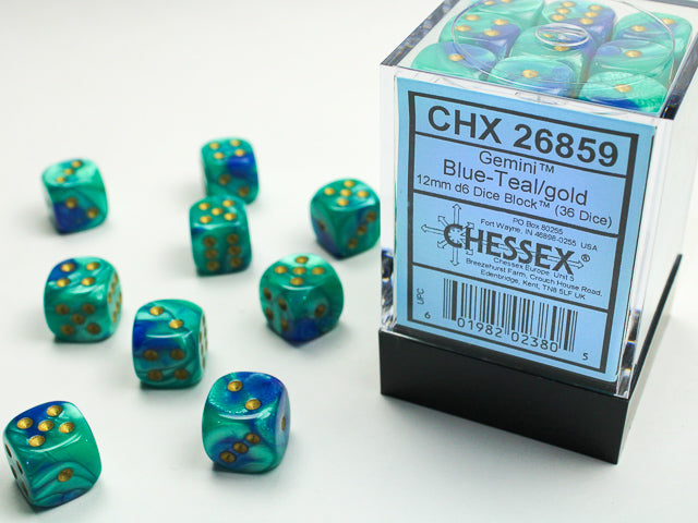 SUPPLIES - DICE - GEMINI 36D6 BLUE-TEAL/GOLD 12MM - Destination Retro