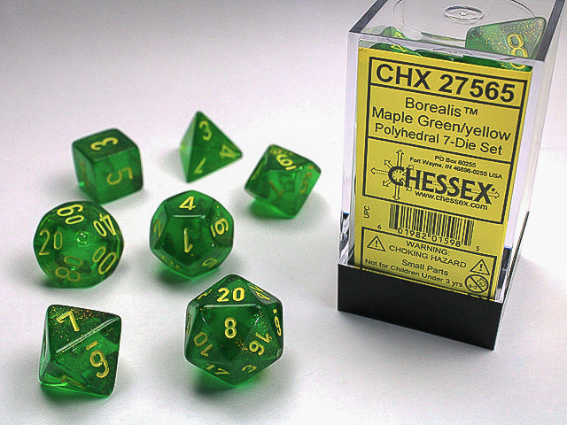 SUPPLIES - DICE - BOREALIS 7-DIE SET MAPLE GREEN/YELLOW - Destination Retro