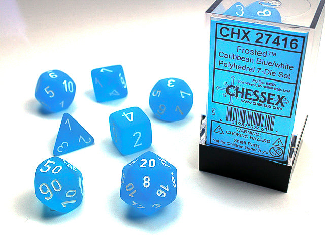 SUPPLIES - DICE - FROSTED 7-DIE SET CARIBBEAN BLUE/WHITE - Destination Retro