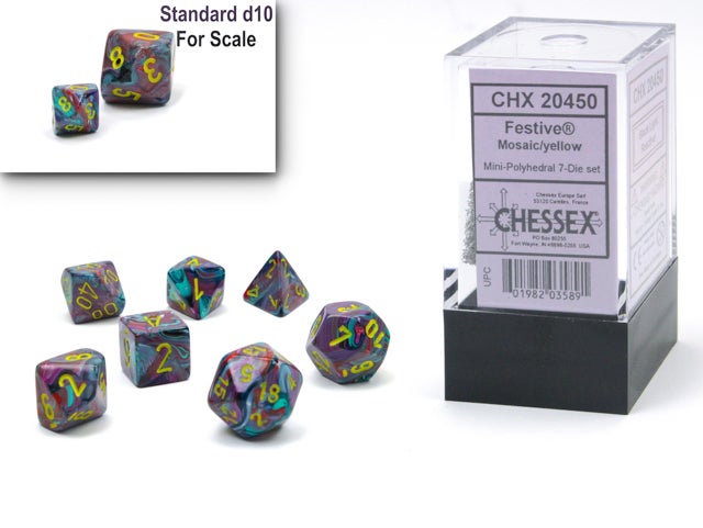 SUPPLIES - DICE - CHX 20450 Festive® Mini-Polyhedral Mosaic/yellow 7-Die set - Destination Retro