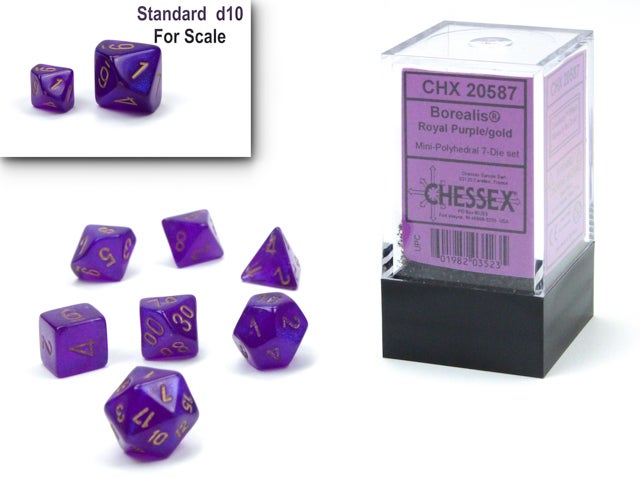 SUPPLIES - DICE - CHX 20587 Borealis® Mini-Polyhedral Royal Purple/gold Luminary™ 7-Die - Destination Retro