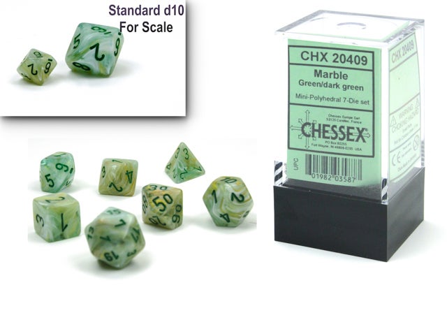SUPPLIES - DICE - CHX 20409 Marble Mini-Polyhedral Green/dark green 7-Die Set - Destination Retro