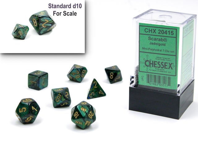 SUPPLIES - DICE - CHX 20415 Scarab® Mini-Polyhedral Jade/gold 7-Die Set - Destination Retro